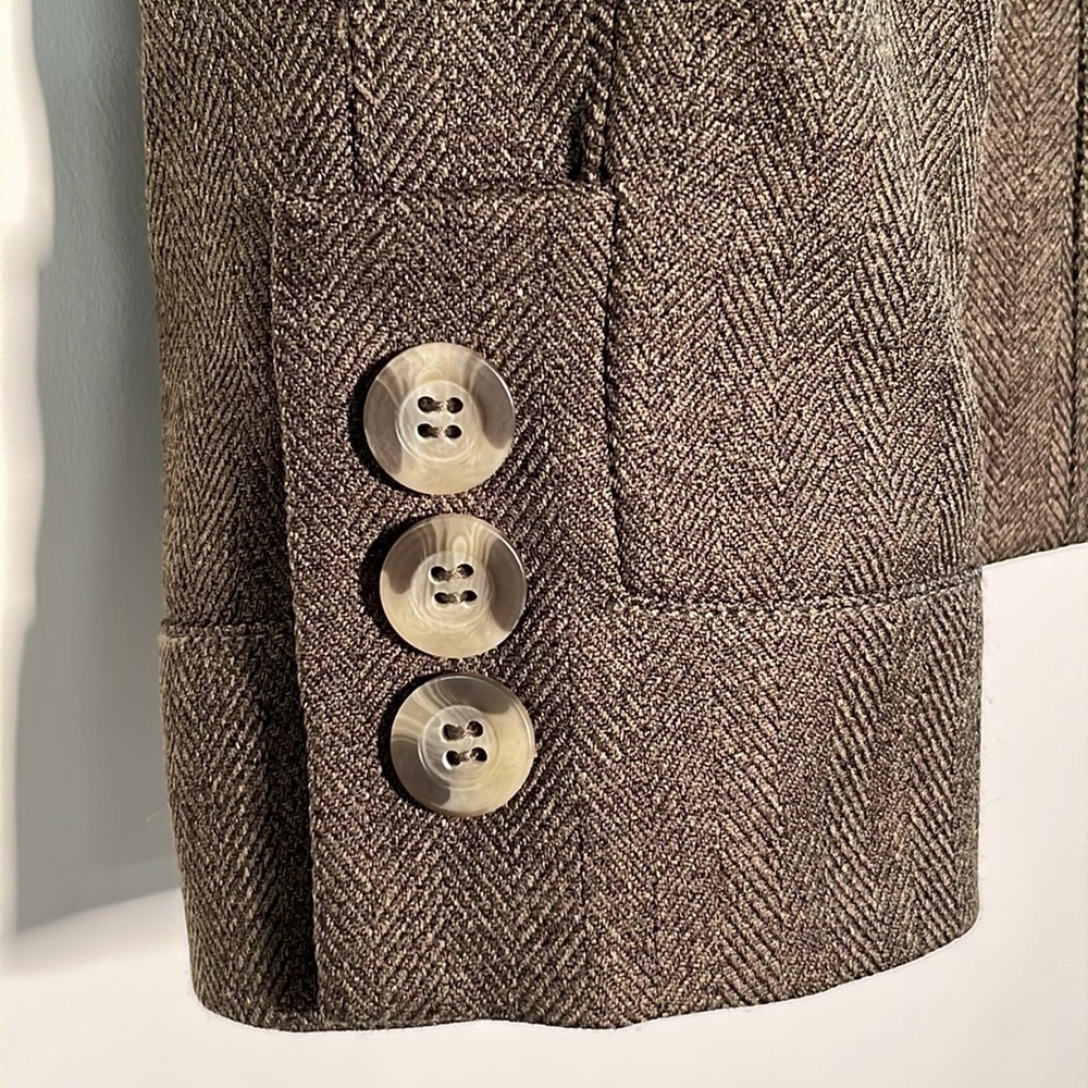 ANTONIO MELANI Career Olive Fitted Subtle Herringbone Blazer Collar Detail SZ 12 - Picture 6 of 16